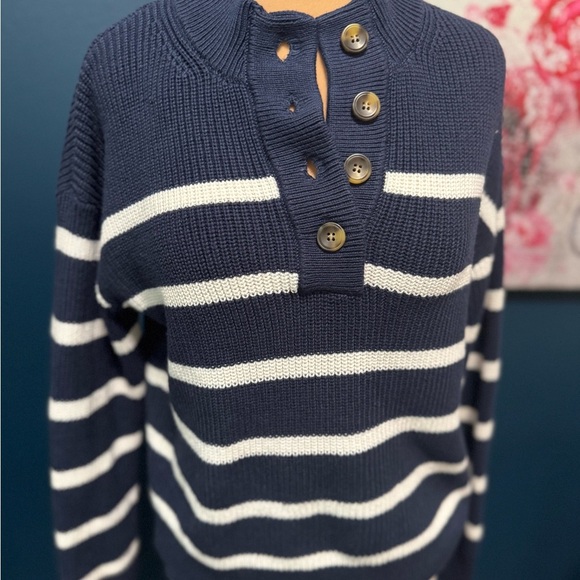 Caslon Pima Cotton Navy and White Striped Sweater S - Picture 1 of 5